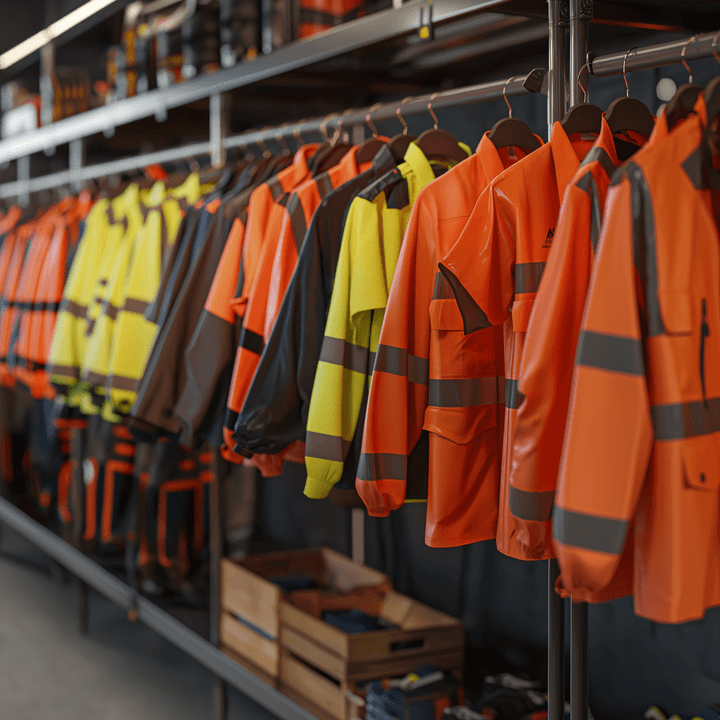 PPE Safety Uniforms Hanging In Warehouse