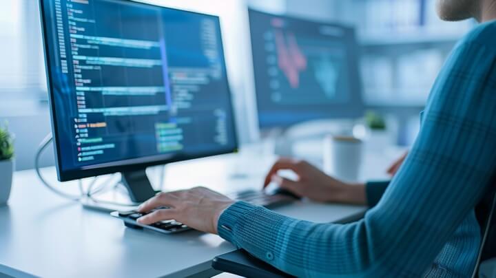 Professional Working At Laptop On ERP Integration
