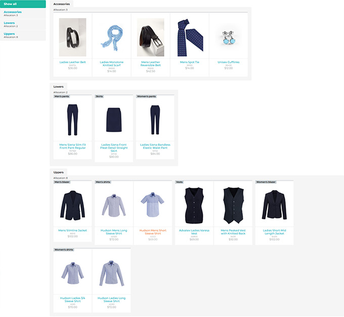 A mixture of categories with subcategories.